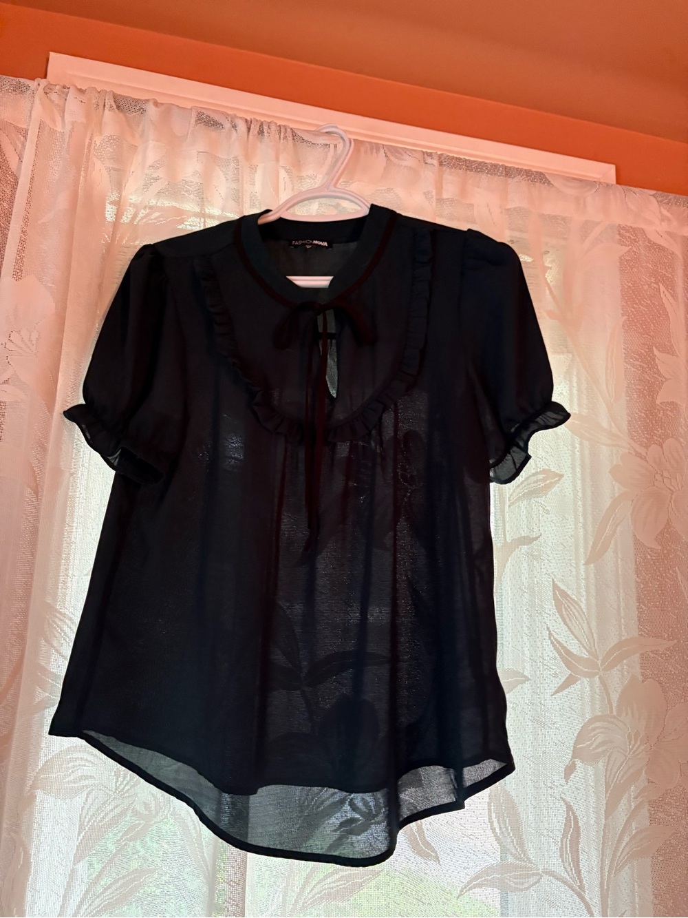 Fashion Nova Black Ruffle Tie-Front Sheer Blouse